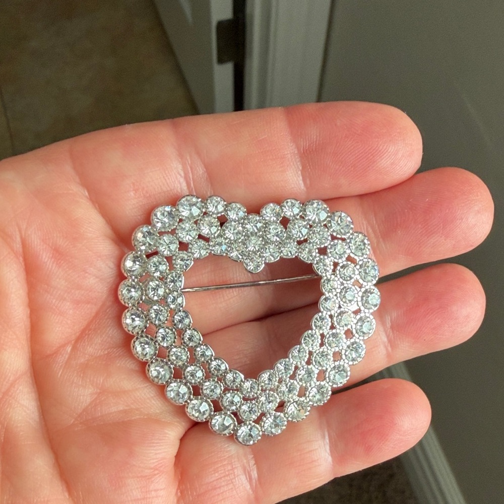 Monet Silver Heart Brooch with Crystals